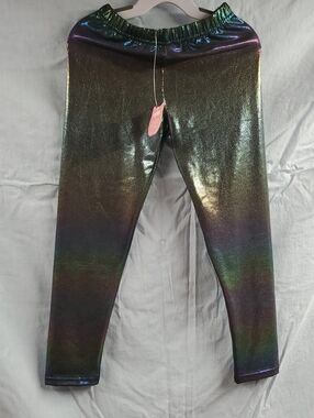 Kids Shimmering Holographic Leggings in Iridescent Green-Blue - 50